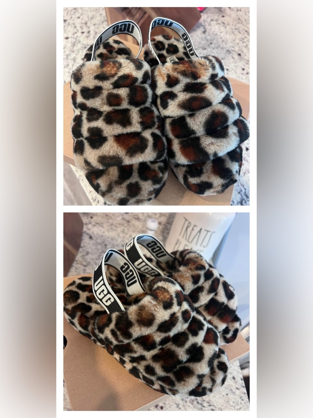 UGG Leopard-Print Fuzzy Slide Sandals in Brown and Black